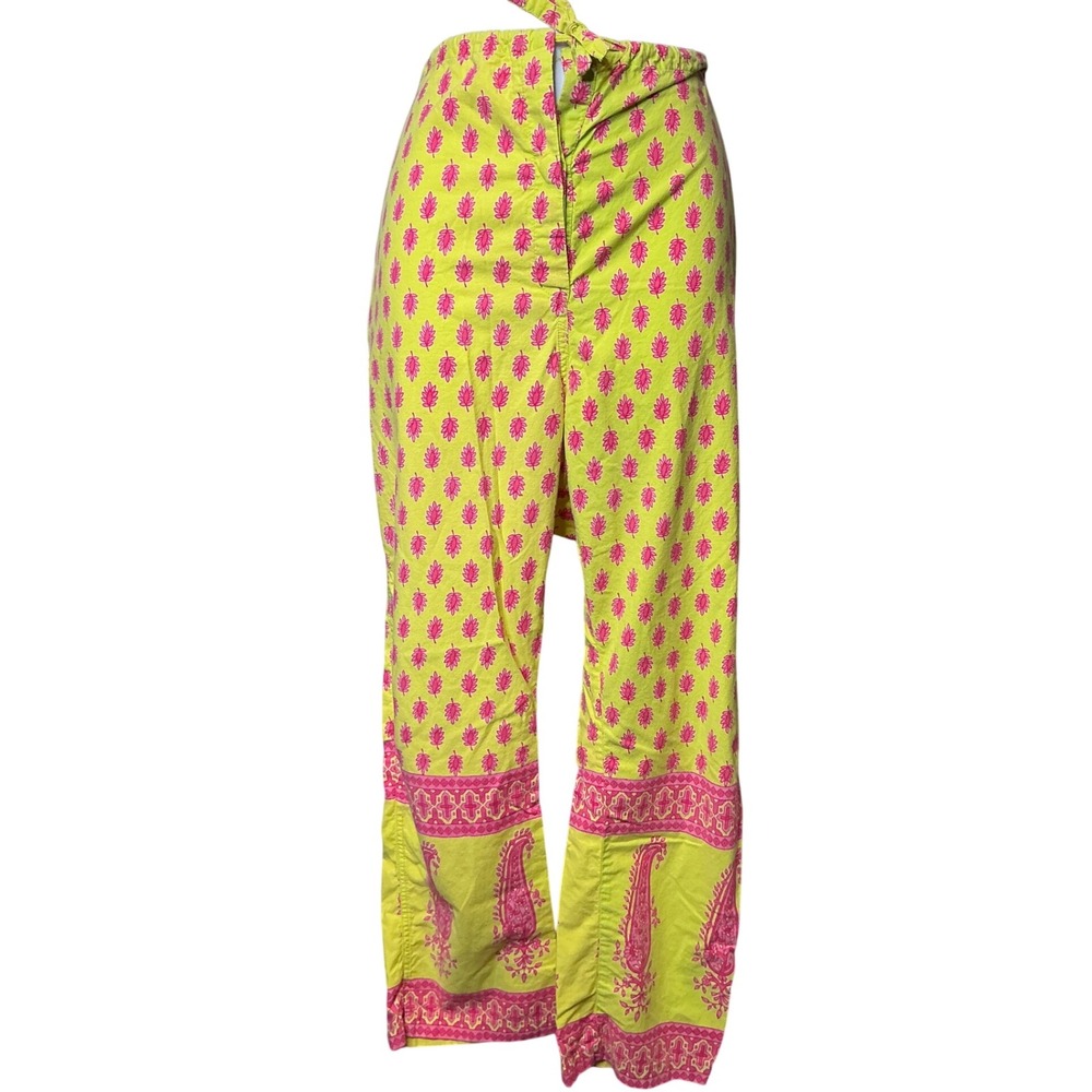 GRAHAM‎ KANDIAH Womens Yellow Pink Paisley Cotton Pants Sz M/L Bold Boho Flowy